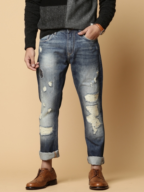 

Mr Bowerbird Men Blue Tailored Fit Selvedge Highly Distressed Jeans