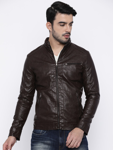 

The Indian Garage Co Men Coffee Brown Solid Biker Jacket