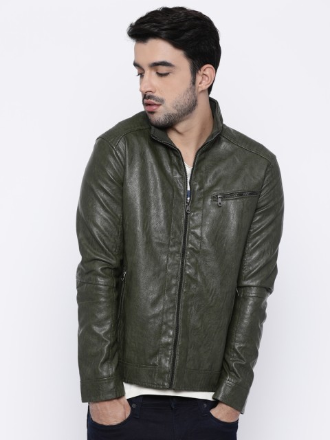 

The Indian Garage Co Men Green Solid Biker Jacket