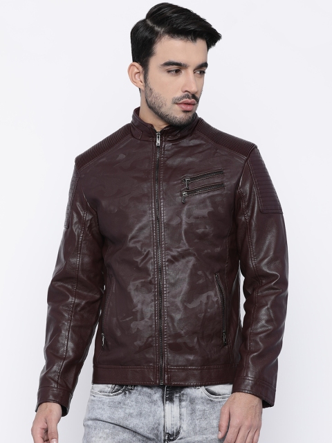 

The Indian Garage Co Men Burgundy Self Design Biker Jacket