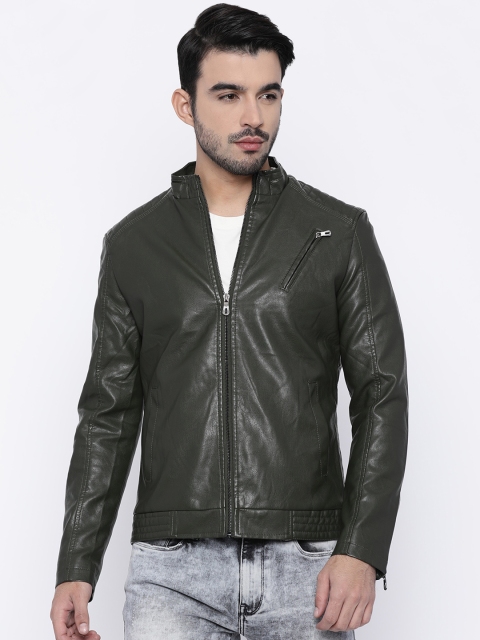 

The Indian Garage Co Men Green Solid Biker Jacket