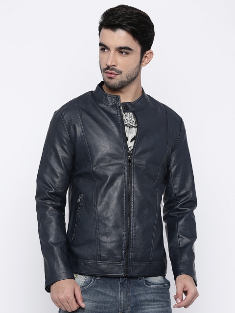

The Indian Garage Co Men Blue Solid Biker Jacket