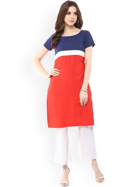 

Aum Women Red & Navy Colourblocked Straight Kurta