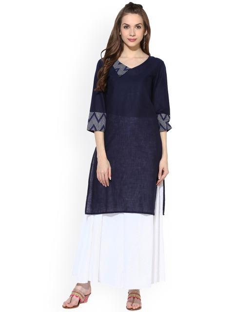 

Aum Women Navy Linen Solid Straight Kurta, Navy blue