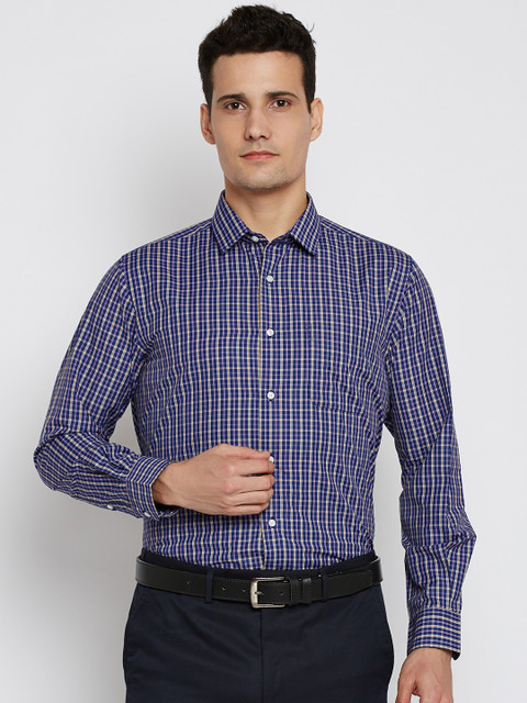 

Peter England Men Navy Blue & Mustard Yellow Nuvo Fit Checked Formal Shirt