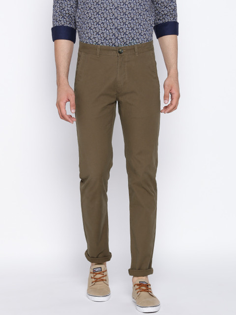 

Peter England Casuals Men Olive Brown Super Slim Fit Solid Chinos