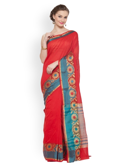 Kvsfab Red & Blue Silk Cotton Solid Saree