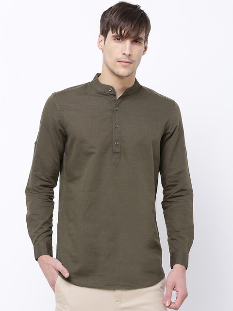 

Black coffee Men Olive Green Slim Fit Solid Casual Shirt