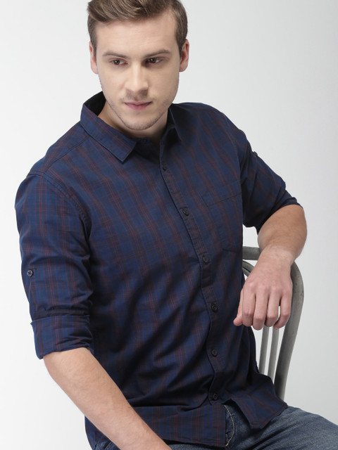 

HIGHLANDER Men Navy Slim Fit Checked Casual Shirt, Navy blue