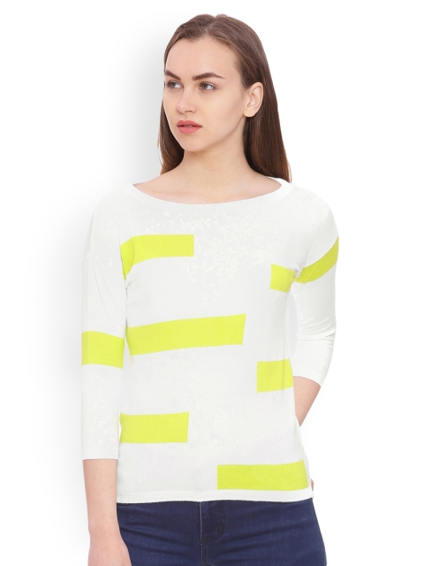 

Akiva Women Off-White & Lime Green Colourblocked Top