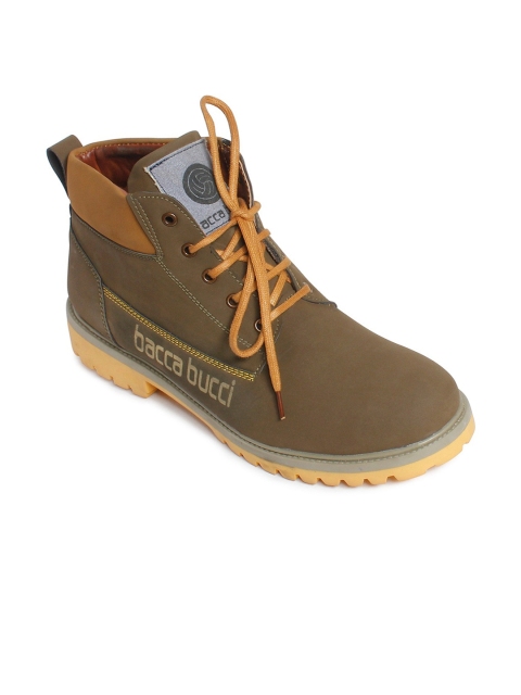 

bacca bucci Men Olive Green Solid Synthetic Leather High-Top Flat Boots