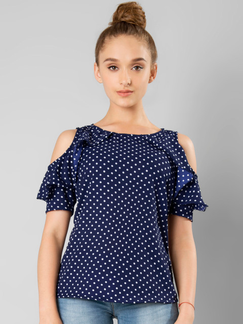 

FabAlley Women Navy Blue Printed Cold Shoulder Top