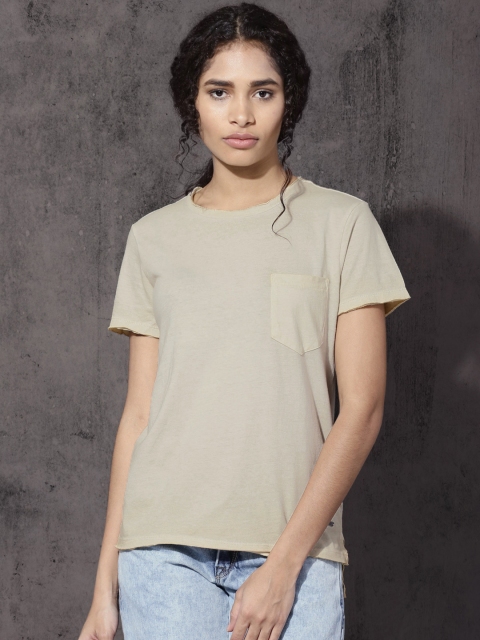 

Roadster Women Beige Dyed Round Neck T-shirt