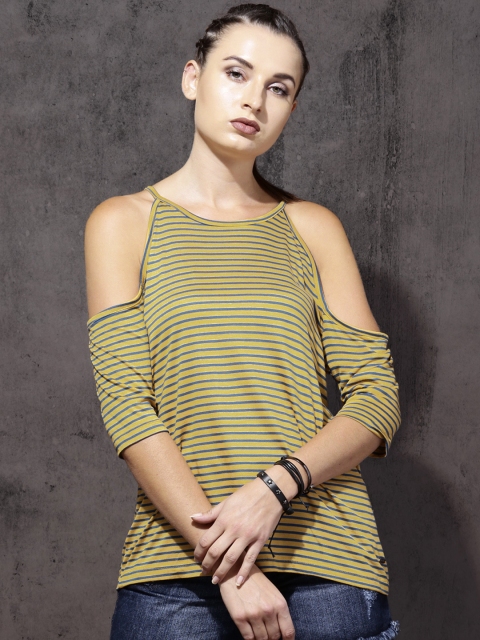 

Roadster Women Teal Green & Mustard Striped Top