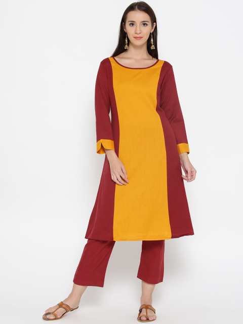 

Jashn Women Maroon & Mustard Yellow Colourblocked A-Line Kurta