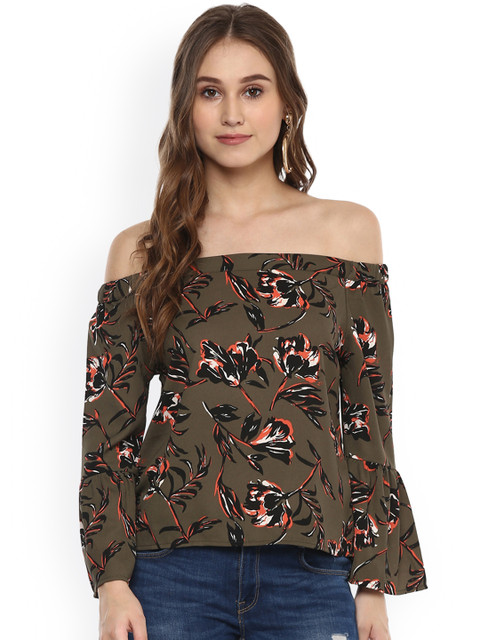 

Harpa Women Olive Green Printed Bardot Top