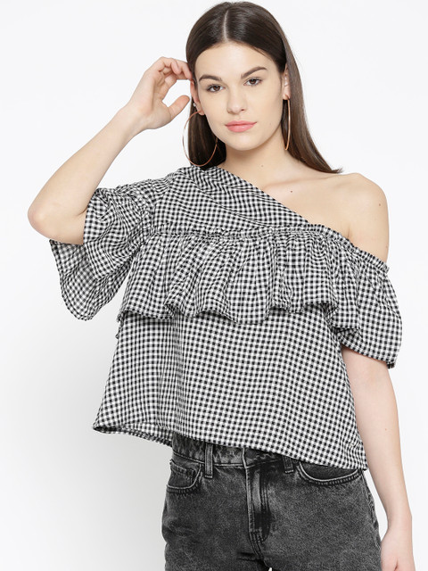 

ONLY Women White & Black Checked One Shoulder Top