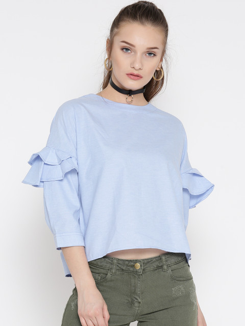

ONLY Women Blue Solid Ruffled Crop Top