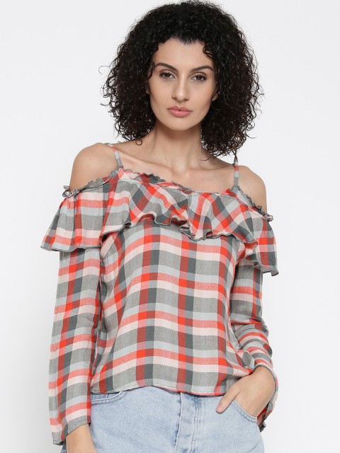 

ONLY Women Orange & Grey Checked Top