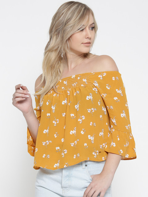 

ONLY Women Mustard Yellow Floral Print Bardot Top