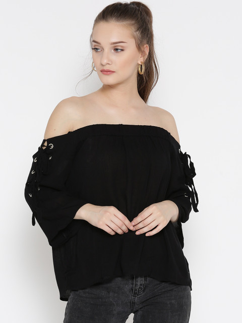 

ONLY Women Black Solid Bardot Top with Lace-Up Detail