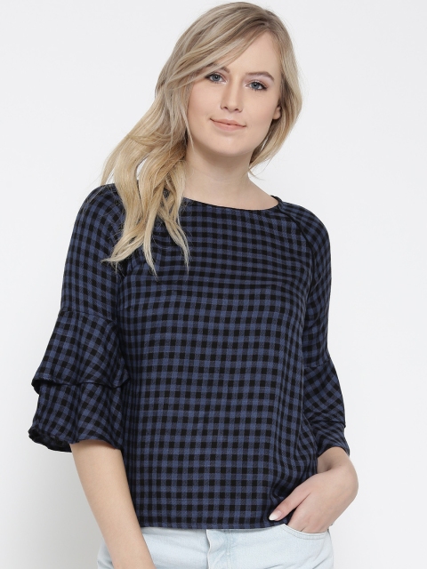 

ONLY Women Blue & Black Checked Top