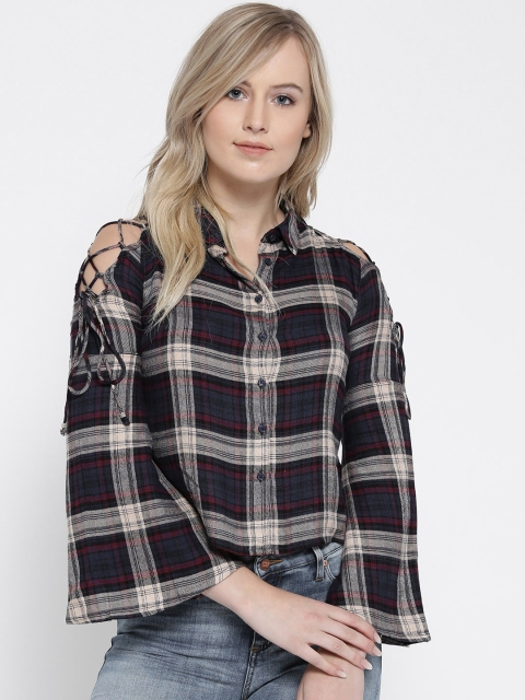 

ONLY Women Navy & Beige Checked Cold Shoulder Crop Casual Shirt, Navy blue