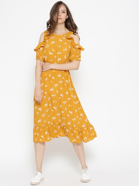 

ONLY Women Mustard Yellow Printed Midi Fit & Flare Dress