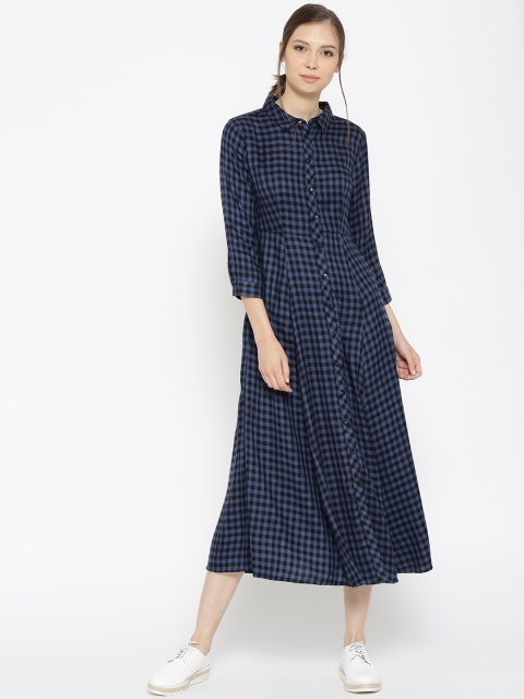 

ONLY Women Blue & Black Checked Midi Shirt Dress