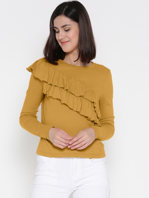 

ONLY Women Mustard Yellow Solid Ruffled Pure Cotton Top
