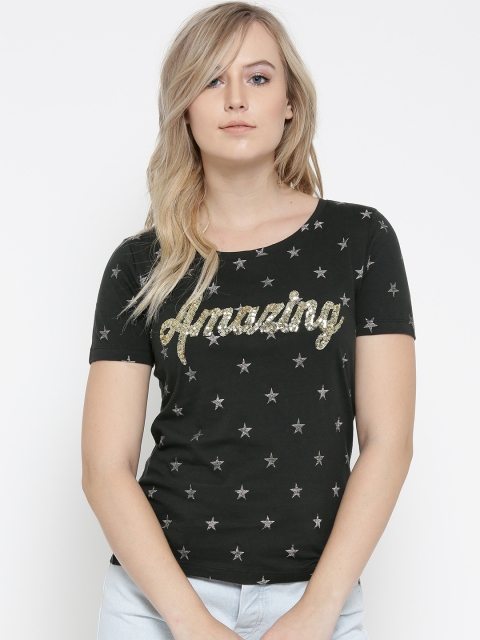 

ONLY Women Black Printed Round Neck T-shirt