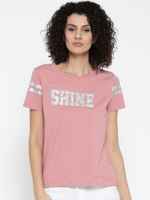 

ONLY Women Dusty Pink Sequinned Round Neck T-shirt