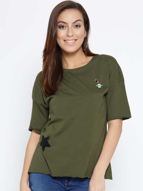 

ONLY Women Olive Green Printed Round Neck T-shirt with Embellished Detail