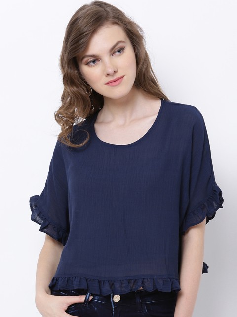 

Tokyo Talkies Women Navy Blue Solid High-Low Top