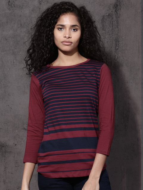 

Roadster Women Maroon & Navy Blue Striped Round Neck T-shirt