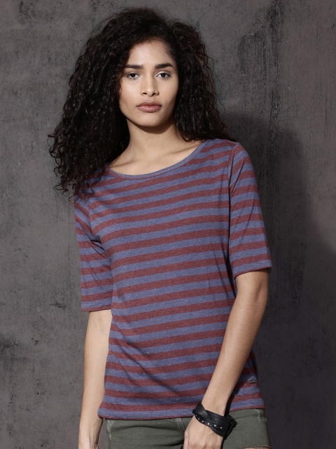 

Roadster Women Blue & Maroon Striped Round Neck T-shirt