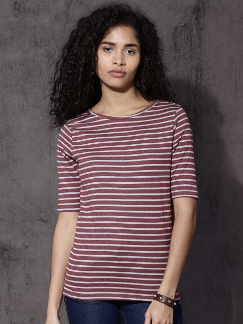 

Roadster Women Burgundy & Grey Striped Round Neck T-shirt