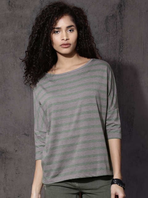 

Roadster Women Grey & Green Striped Round Neck T-shirt