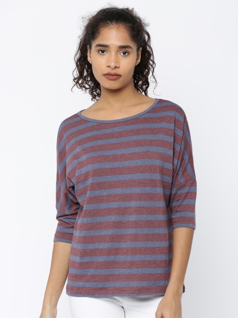 

Roadster Women Maroon & Blue Striped Round Neck T-shirt