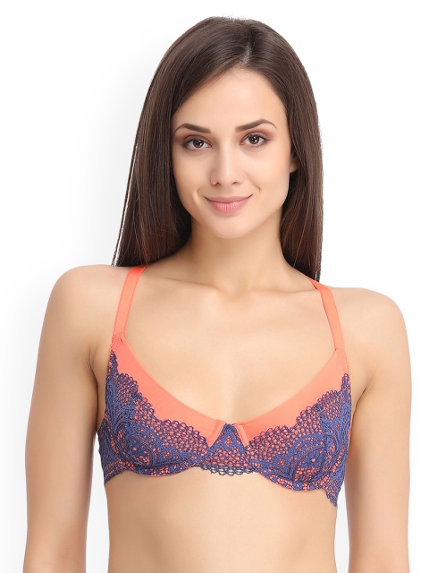 

Clovia Orange & Blue Lace Underwired Non-Padded Demi Bra BR0927P1640C