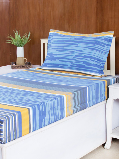 

House This Blue Printed 210 TC Fine Cotton Single Bedsheet with 1 Pillow Cover