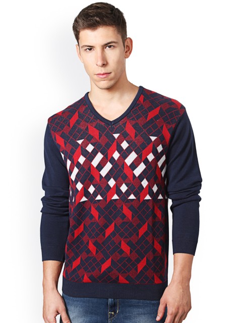 

Peter England Men Blue & Red Self-Design Pullover