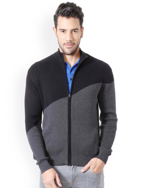 

Peter England Casuals Men Grey & Black Colourblocked Self-Design Cardigan