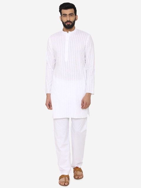 

Manyavar Men White Striped Straight Kurta