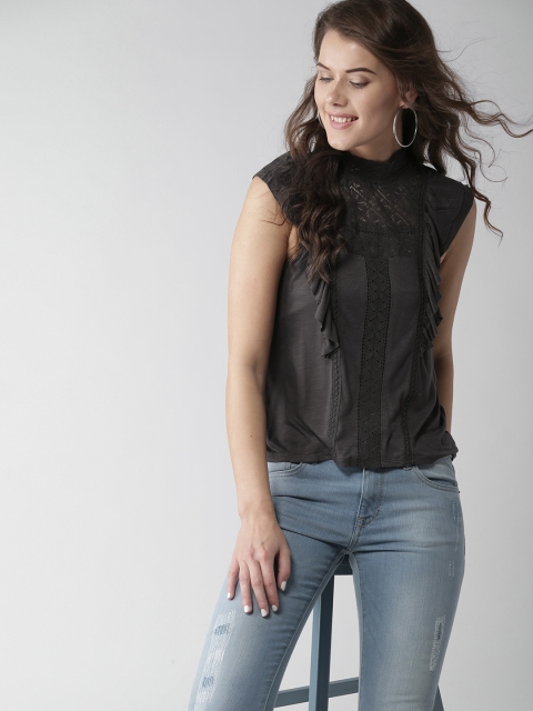

Aeropostale Women Charcoal Grey Lace Detail Top
