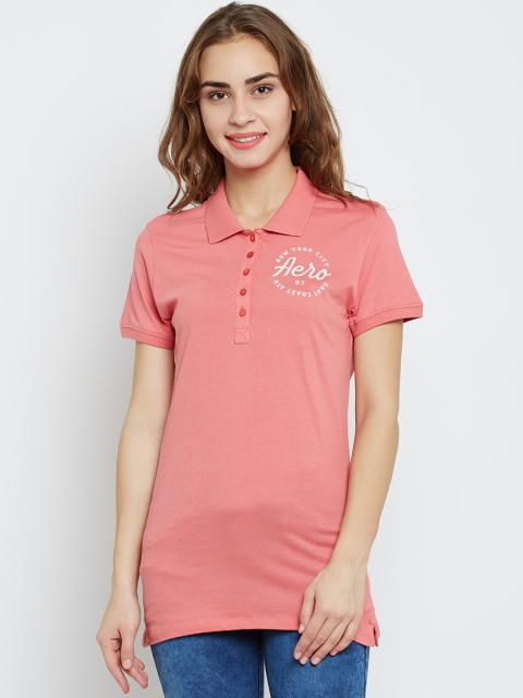 

Aeropostale Women Pink Solid Polo Collar T-shirt