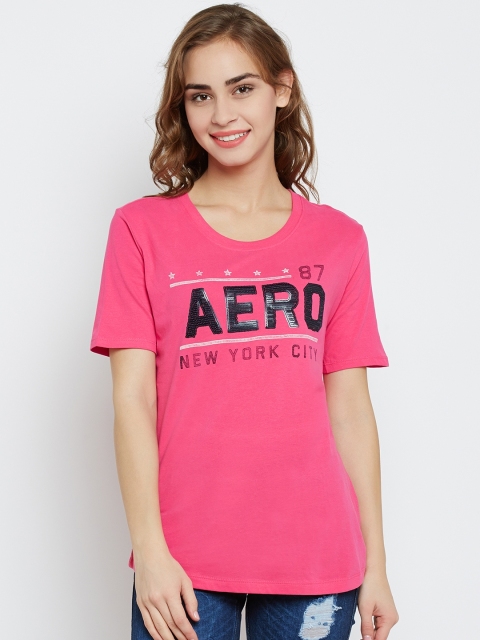 

Aeropostale Women Pink Printed Round Neck Pure Cotton T-shirt