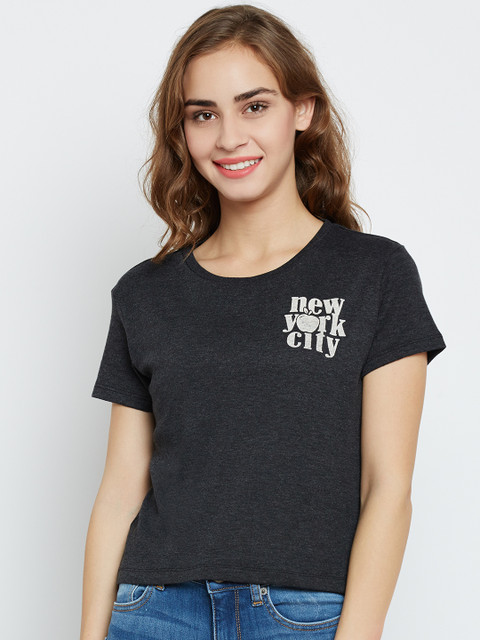 

Aeropostale Women Charcoal Grey Solid Round Neck T-shirt