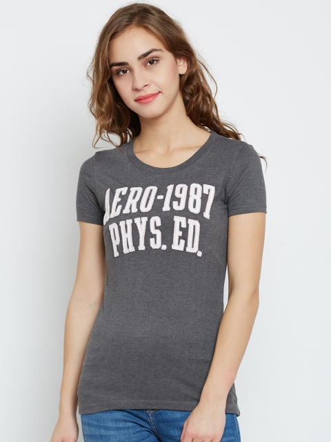

Aeropostale Women Grey Melange Applique Detail Round Neck Pure Cotton T-shirt
