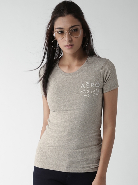 

Aeropostale Women Grey Melange Printed Detail Round Neck T-shirt
